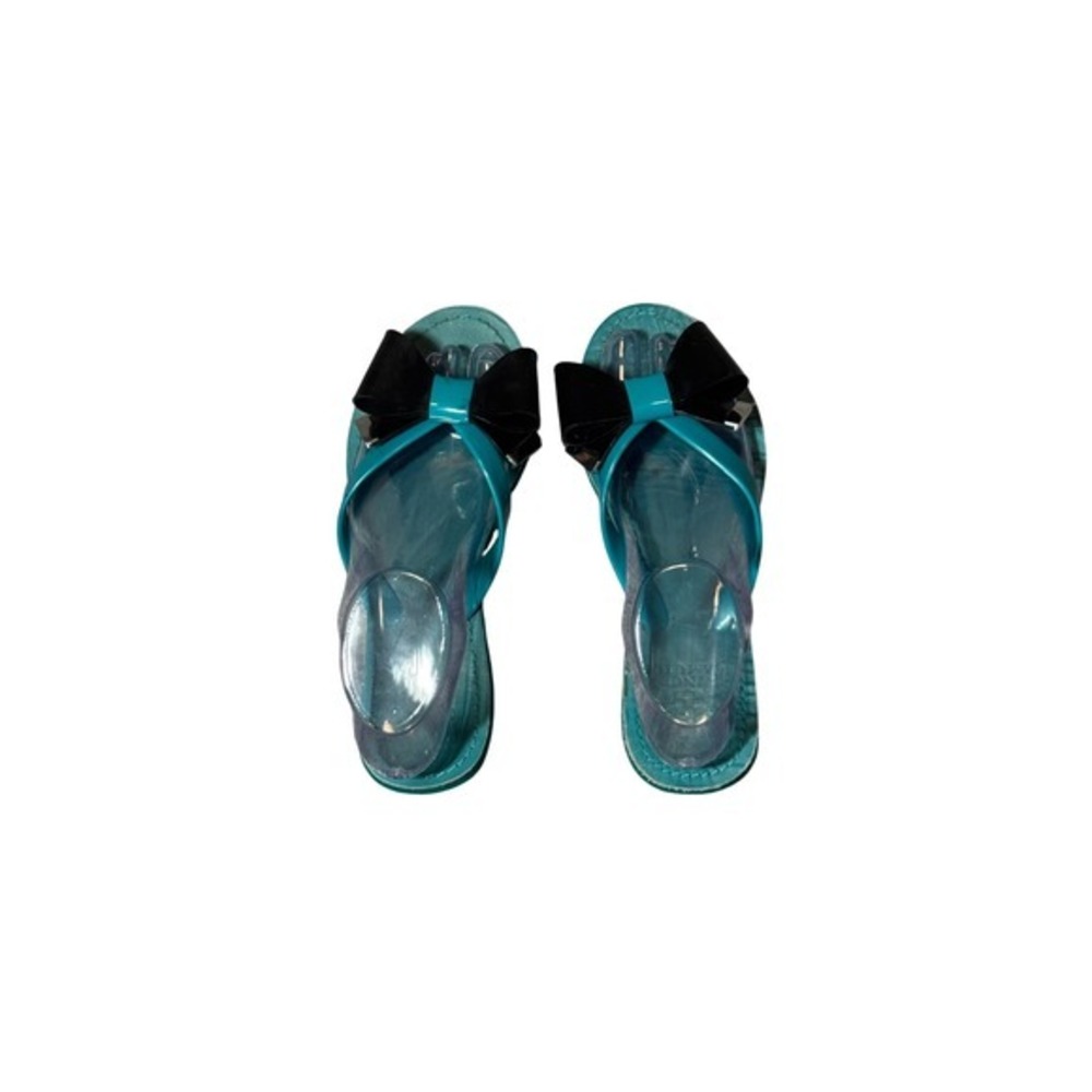 Vince Camuto Teal Blue Jelly Flip Flop Sandals with Black Bow Detail Womens